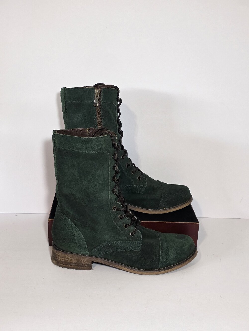 Skechers Womens 9 Green Suede Lace Up Side Zip Tall Combat Boots Cap Toe 48360
